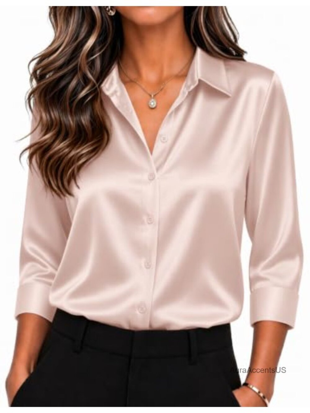 Satin Button Down Shirt 3/4 Sleeve Women's Blouse Dressy - Picture 1 of 6